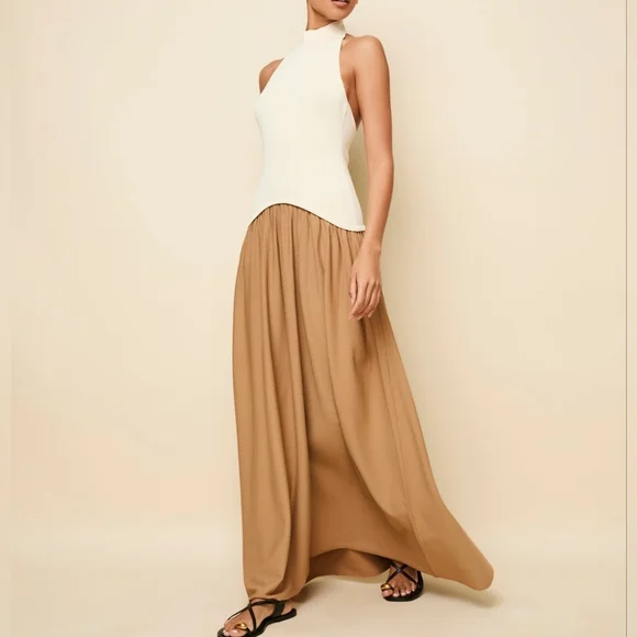 ANTHRO | $348 Solid & Striped Soglio Halter Mixed Media Contrast Maxi Dress - Picture 1 of 11